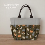 ポケットいっぱいトートバッグ（陽だまりねこさん：カーキ）