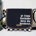 モノトーンチェック×黒の帆布の一眼レフカメラバッグLsize