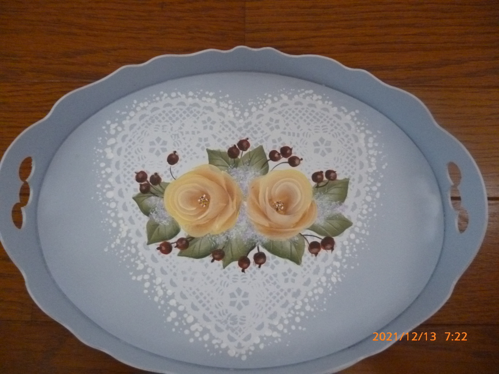 トールペイント作品薔薇のカップトレー