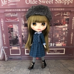 Fチェック・プリーツワンピースセット（青）