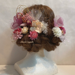 【aaair1111様 専用出品】フルオーダー pink mix white gold tulle ribbon ヘッドドレス 成人式 卒業式 髪飾り