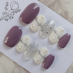 サイズオーダー制　ネイルチップ　紫　　パープル　シルバー　花