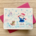 ❄️透明水彩画 「豆柴ちゃんと雪遊び」2枚セット　水彩画イラストミカード　クリスマス　クリスマスカード　バースデーカード 寒中見舞い❄️