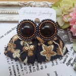【再販】【ピアス】おおぶり ビーズ刺繍 カボション  べっこう風 インド刺繍リボン イヤリング変更可