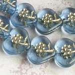【18㍉ 4個】ドットフラワーハート♡ clear blue & gold ♡チェコビーズ♡♡花♡