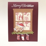 クリスマスカード   ネコ      【 イヌ ハムスター に変更可能。】窓 風景 ひいらぎ そり遊び 雪 クリスマス Christmas stampinup  スタンピンアップ 