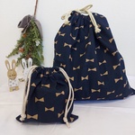 入園入学準備に☆巾着袋大小セット☆男の子も女の子も☆体操着入れ、コップ袋☆紺色×ベージュのリボン☆