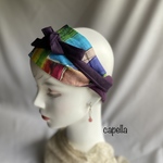 ⭐️capella⭐️ パープルリネンと水彩画デジタルプリントの紐リボンターバン　リバーシブル　何通りも使えます！