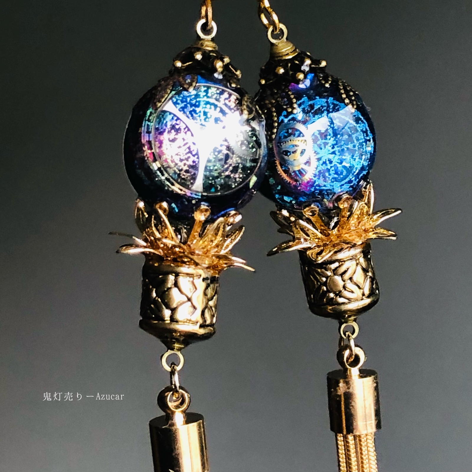 魔法使いの魔法陣ランタンのピアス　イヤリング★ 歯車入り、ロングタッセル付き 090bb5751b2c562742832a23946e6f