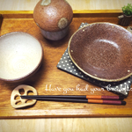  朝食カフェセット（和食ver.）❇︎水玉ごはん茶碗・水玉小皿・きのこフリーカップ・レンコン箸置きセット
