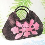 【Ｍ様オーダー品】プルメリアのウッドハンドルバッグ(濃ブラウン×ピンク花)
