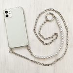 iPhoneケース付き パール チェーン スマホショルダー ビーズ シルバー ストラップ　ショルダーストラップ