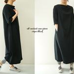 cottonリネン混クレープのオフネックAライン ワンピース/ブラックa43-13