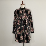 【SALE＊在庫処分特価】綿麻・花猫のロングシャツ・ダークグレー