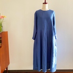 紺色リネンのAラインワンピース　Lサイズ