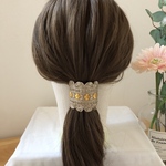 小花柄𖧷イエロー×ゴールド インド刺繍リボン ポニーフッヘアカフス ヘアカフ ヘアフック ヘアアクセサリー 簡単 スパンコール