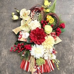 No.wreath-15413★迎春しめ縄リース(お正月リース)   21-(8)   ダリア＆オーキッド＆干支寅　55x30cm・アートフラワー/造花リース/大型リース/壁掛け