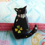 幸せを運ぶ黒猫の帯留★四部紐用