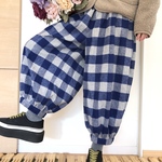 【人気】大人のバルーンパンツ★ポケット後ろ★定番♡ブルー×グレーブロックチェック柄