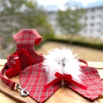 ハーネス リードセット ☆ ハーネス & ケープ 〝チェック柄のおでかけセット〟レッド  再販（入荷したレッド生地でお作りします）7kg以下限定販売
