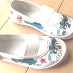 再販2♪名前入り♪オーダーメイド♪デコパージュ上履き♪おさるクルマ