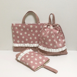 オフホワイトのお花×くすみカラー　フリル付きレッスンバッグ・体操服袋・上履き入れ　入園・入学3点セット