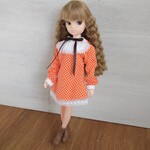 546.オレンジの水玉のレトロワンピース※リカちゃんアウトフィット※復刻版初代リカちゃん