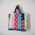 北欧風　縦パッチ　小さめ横長トートBAG　　帆布　スモークブルー　♪　ドット　アヒル　