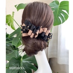 キャメル×ブラック 差し色ゴールドドットのベリアリボンバレッタ