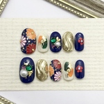 ⭐︎ネイルチップM現品⭐︎ 一点限り⭐︎ オーバル標準サイズ　手描きの和花　ミラー　成人式ネイル　振袖　ブライダルネイル　袴ネイル　青　紺　赤　オレンジ　白　ゴールド
