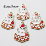 【D-0636】5pcs　いちごケーキとねこ　30×21mm　ホワイト＆レッド　チャーム