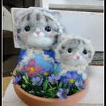 ＊ねこリョーシカ親子　置物（青）＊