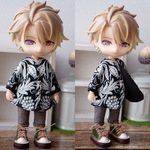 袖まくりカーディガン　白黒ボタニカル柄　