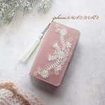 訳ありアウトレット！【iphone6/6S/7/8/SE2】手帳型ケース ミラー付き 刺繍フラワー ピンク タッセル付き