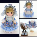 メルちゃんサイズ　水色　バラ柄　垂れ耳ボンネット　コーデ５点セット　フリフリコーデ　編み上げブーツ　ソランちゃん　レミンちゃん　コルネちゃんサイズ　ゴスロリ ロリータ 　服