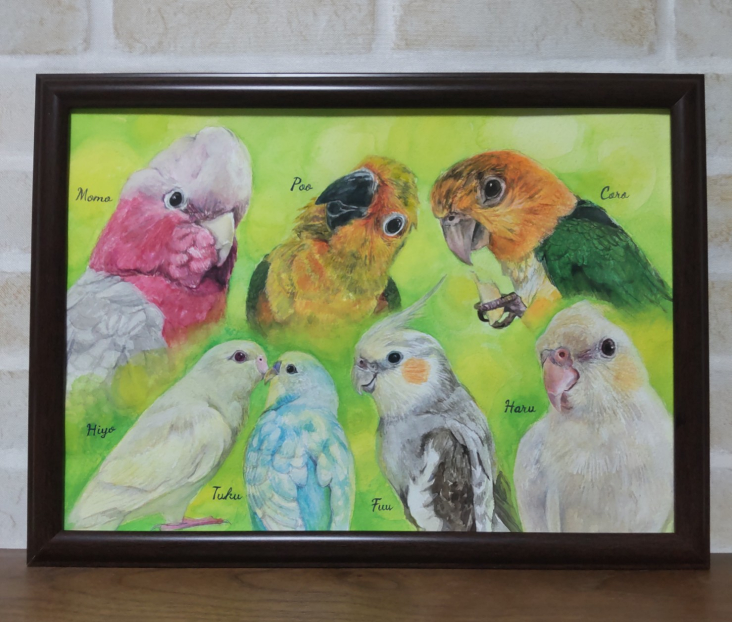 インコ 絵画 手描き 大型 額縁