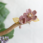 天然石薔薇輝石の桜のかんざし 木製　緑檀　檀木　簪　