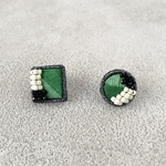 スクエア×サークル刺繍ピアス・イヤリング(グリーン)