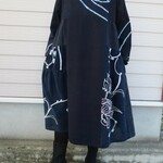 古布リメイク　藍染チュニックギャザーワンピース　時々堂オリジナル　筒描き　藍染　久留米絣　ゆったりワンピース