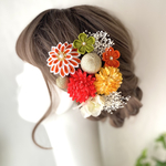 つまみ細工　成人式　卒業式　髪飾り 【神楽-かぐら】 柿色×うぐいす色　10点セット 