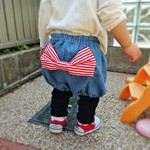 ふわふわダブルガーゼで作ったリボンのパンツ　デニム×レッドストライプ