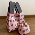 🦔ハリネズミが可愛い＊エコバッグと巾着のセット＊ 布エコバッグ　小さめ＊【マチ15㎝】　しじみ巾着ミニサイズ   ピンク