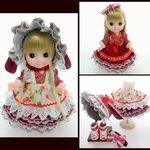 メルちゃんサイズ　和んぴぃす　垂れ耳ボンネット　コーデ６点セット　フリフリコーデ　和風ワンピース　ソランちゃん　レミンちゃん　コルネちゃんサイズ　ゴスロリ ロリータ 　服