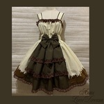 チョコレート柄 3段フリル シャーリング ジャンパースカート★ホワイト チョコ ブラウン×茶色レース(即納品)