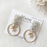 カーキかすみ草×淡水パール2wayゴールドフープピアス・イヤリング