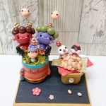 節分 赤鬼・青鬼ちゃんの豆まき　こねこね　樹脂粘土　ミニチュア　粘土細工　季節　飾り　福豆　