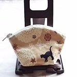 ◆ドイリー♪黒猫♪ベージュ♪ラミネート生地♪ポーチ(小)◇◆