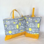 軽くて頑丈！内側キルティング　北欧　グレー＆イエローマスタードの車　レッスンバック＆上履き入れ　入園入学2点セット　男の子♬
