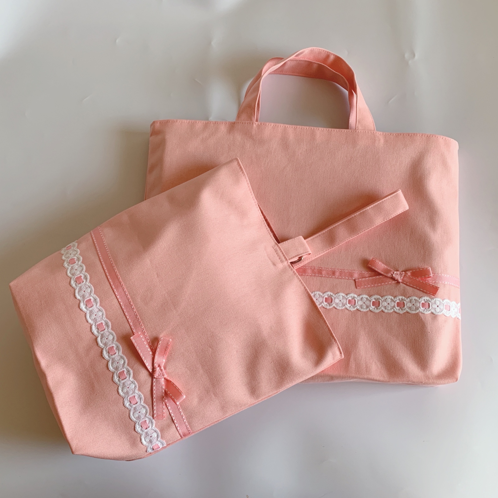 通学通園バッグ2点セット　ピンク×ステッチリボンレース