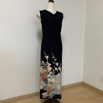 三大刺繍　友禅　枝梅　菊の花　黒留のVネックシンプルフォーマルワンピース★着物リメイク